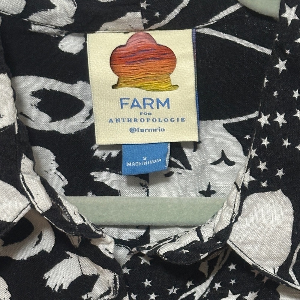 Farm Rio for Anthropologie Button Down Print Black White Surf Shirt Size Small - Picture 4 of 13